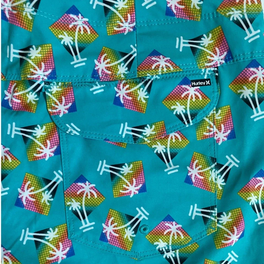 Hurley Mens Teal Palm Tree Rainbow Print Board Shorts‎ Swim Trunks Size 32